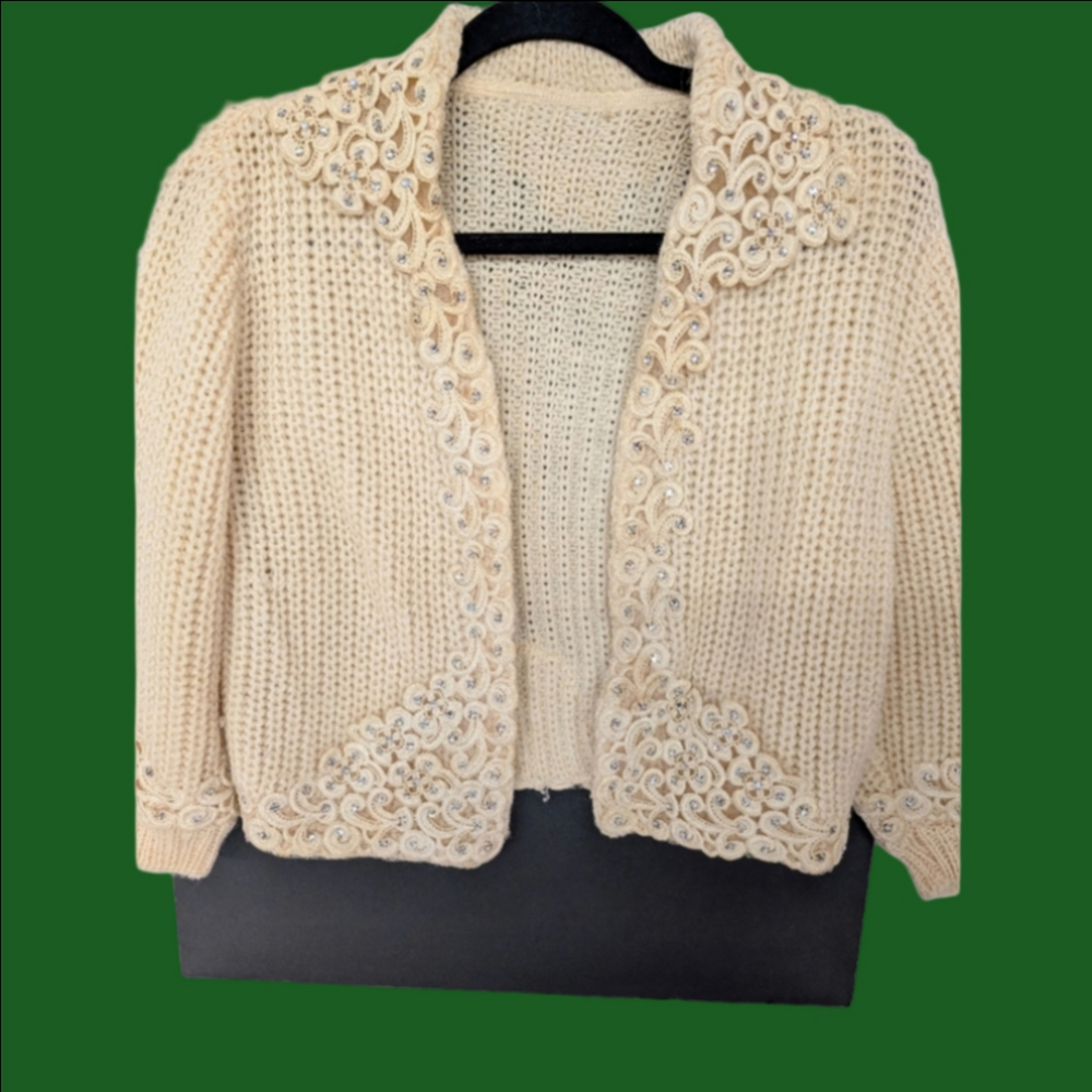 Vintage Sweater Open Front Crop Rhinestone  1940 Size S